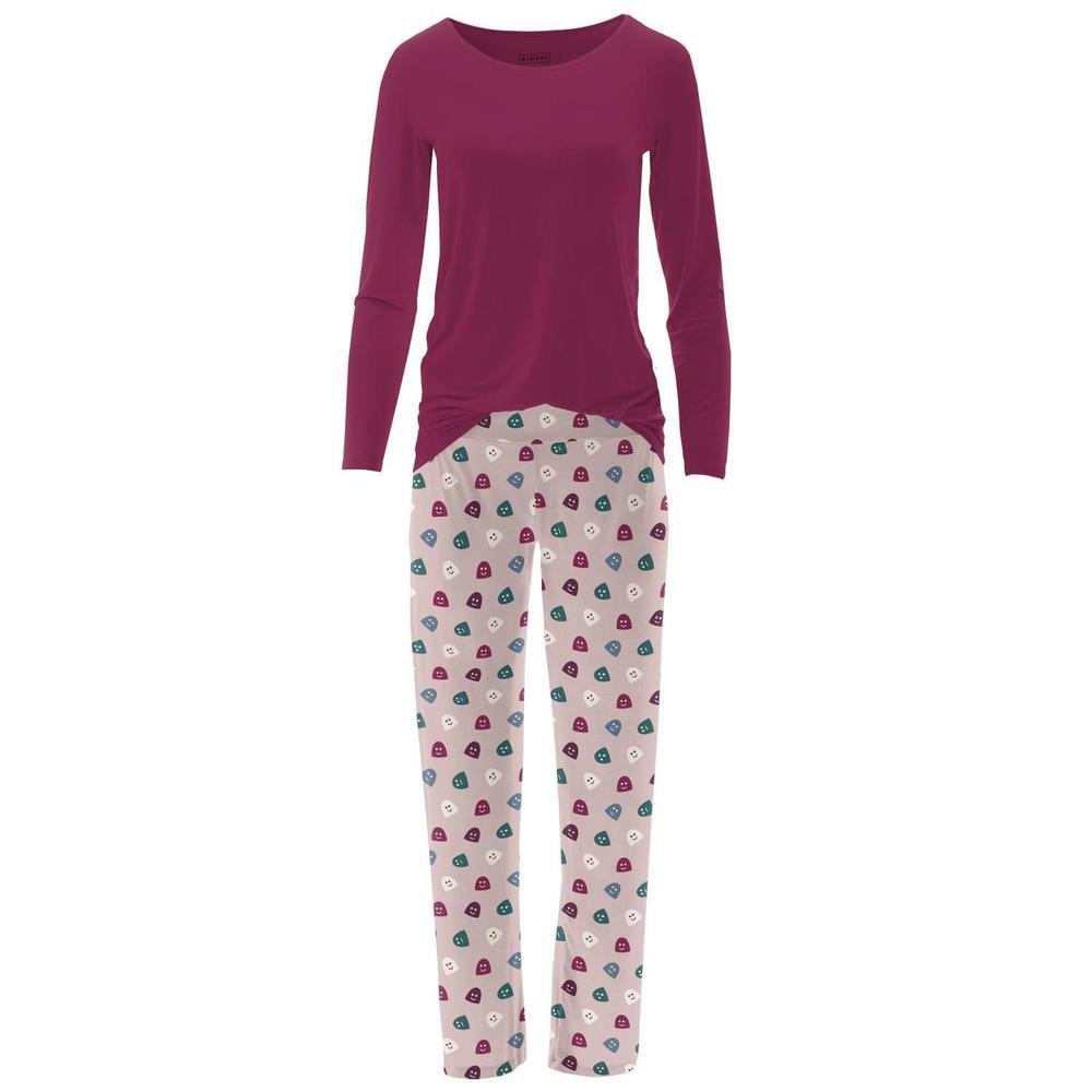 NEW KICKEE women's long sleeve tee & pajama pants set in baby rose happy gumdrop